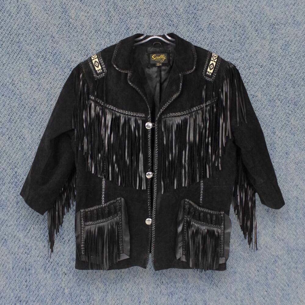 Vintage Scully Men’s Western Fringe Black Leather Beaded Tribal Jacket - Size 52